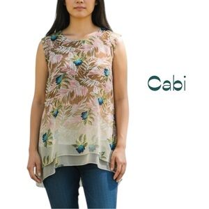 Cabi Sheer Cream Brown Teal Floral Sleeveless Top NWOT Size S